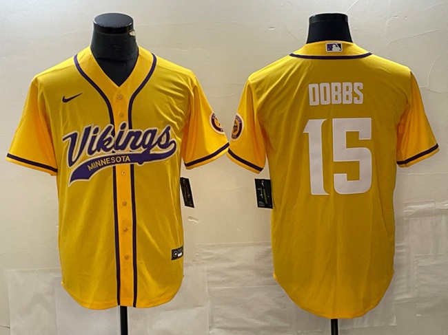 Men's Minnesota Vikings #15 Josh Dobbs Yellow Cool Base Stitched Baseball Jersey Men's Minnesota Vikings #15 Josh Dobbs Yellow Cool Base Stitched Baseball Jersey
